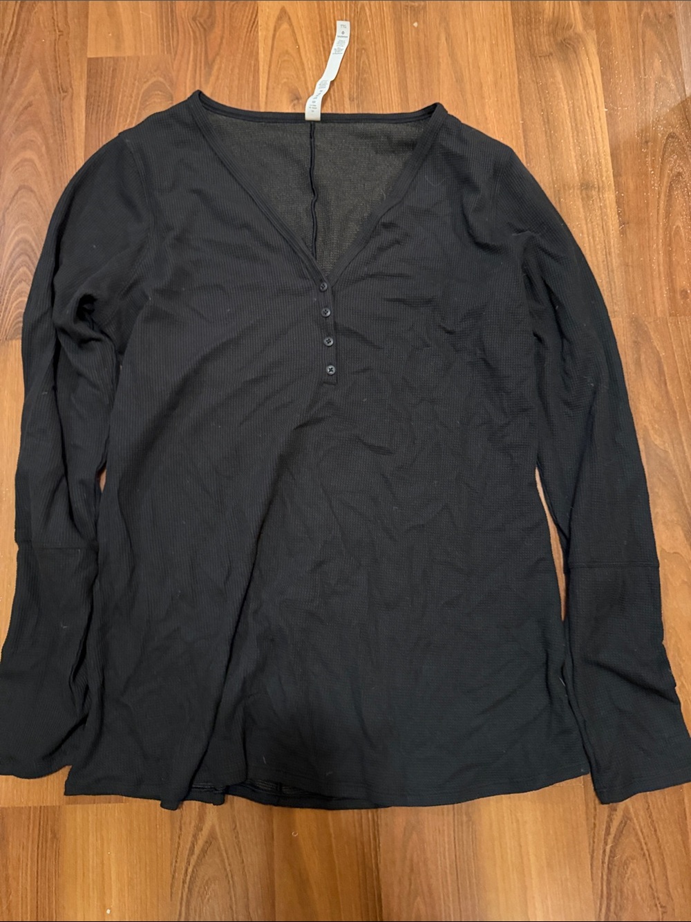 Black Ribbed V-Neck Henley Long-Sleeve Top